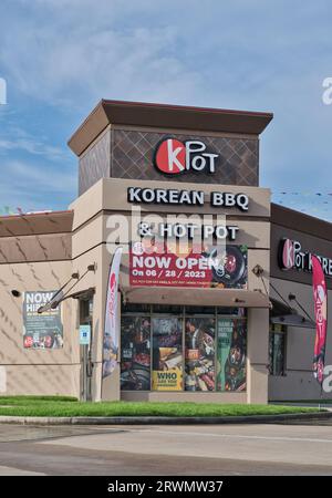 Houston, Texas États-Unis 07-04-2023, KPOT Korean BBQ and Hot Pot store extérieur à Houston, TX. Chaîne nationale de restaurants de cuisine coréenne. Banque D'Images