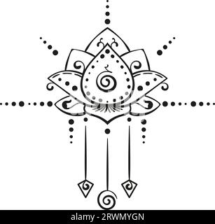 Ornement vectoriel isolé dessiné à la main par tatouage de Lotus, symbole de géométrie sacrée du bouddhisme de sagesse et d'illumination Illustration de Vecteur