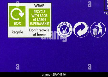 Recyclage information sur le recyclage sur la boîte de crèmes glacées Cadbury Caramilk - recyclage des déchets symbole du logo recyclage Banque D'Images