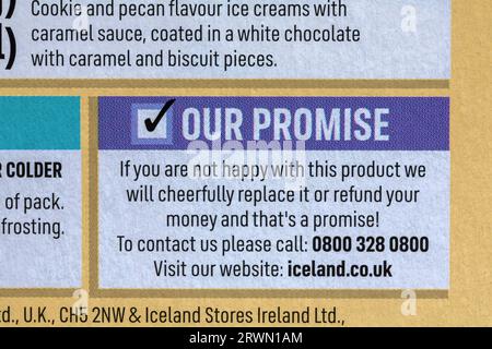 Notre promesse d'informations sur la boîte de Iceland Majestics Billionaires White Chocolate Sticks glaces Banque D'Images