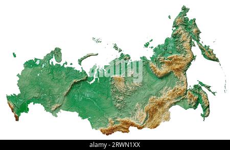 Russie. Un rendu 3D très détaillé d'une carte en relief ombré avec des rivières et des lacs. Coloré par l'altitude. Fond blanc pur. Banque D'Images