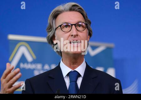 Bruxelles, Belgique. 20 septembre 2023. Co-directeur général de la société française de publicité extérieure JCDecaux Group, Jean-Charles Decaux lors d'une conférence de presse sur la sécurité routière au siège de l'UE à Bruxelles, Belgique, le 20 septembre 2023 crédit : ALEXANDROS MICHAILIDIS/Alamy Live News Banque D'Images