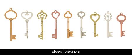 Ensemble de vecteurs de clés isolé sur fond blanc clipart graphique, dessin animé plat classique vintage vintage vieilles clés de porte rétro Illustration de Vecteur