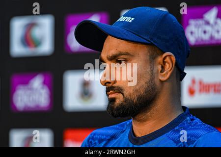 Dhaka, Bangladesh. 20 septembre 2023. Le capitaine du Bangladesh Litton Das assiste à une conférence de presse au Sher-E-Bangla National Cricket Stadium à Dhaka, avant leur premier match international de cricket (ODI) contre la Nouvelle-Zélande. Crédit : SOPA Images Limited/Alamy Live News Banque D'Images