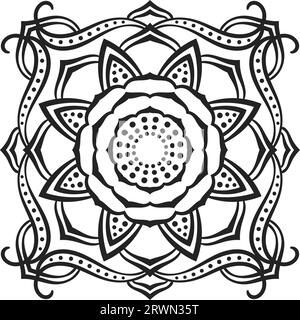 Mandala ornemental carré avec fleur ronde de lotus au milieu, élément de conception isolé pour livre de coloriage, impression sur T-shirt, textile, tatouage ou tout autre Illustration de Vecteur