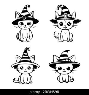 Chat Halloween pour livre de coloriage. Conception d'art de ligne pour la page de coloriage d'enfants. Contour de page de coloriage de dessin animé. Définir Illustration de Vecteur