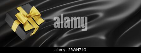 Bannière de vente Black Friday. Boîte cadeau avec un noeud d'or sur un fond de soie sombre. rendu 3d. Banque D'Images