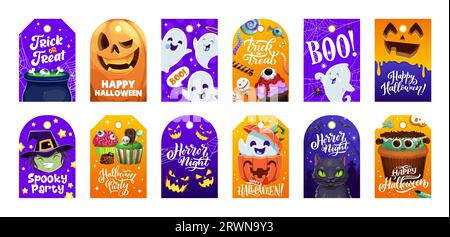 Étiquettes cadeau de vacances Halloween avec citrouilles, monstres et fantômes, vecteur de dessin animé. Joyeux Halloween et truquez ou gâtez les étiquettes de fête avec des bonbons effrayants et des bonbons effrayants de crâne de squelette et potion de sorcière Illustration de Vecteur