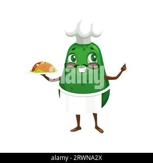Personnage de chef d'avocat mexicain de dessin animé avec Taco pour le menu de cuisine, nourriture vectorielle. Chef de cuisine drôle d'avocat en tablier et chapeau avec repas de Taco mexicain sur l'assiette pour emoji enfant ou mignon kawaii émoticône Illustration de Vecteur