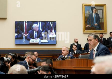 Washington, États-Unis. 20 septembre 2023. Le procureur général AMÉRICAIN Merrick Garland attend de témoigner lors d'une audience du Comité judiciaire de la Chambre sur Capitol Hill à Washington le 20 septembre 2023. Photo de Yuri Gripas/ABACAPRESS.COM crédit : Abaca Press/Alamy Live News Banque D'Images