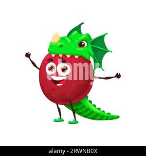 Dessin animé drôle Halloween mangousteen fruit personnage dans le costume de vacances de dragon. Personnage fantaisiste de vecteur isolé mêlant charme fruité et plaisir mythique, pendant le plaisir effrayant de célébration de carnaval Illustration de Vecteur