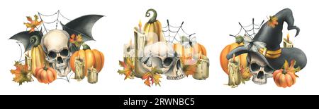 Crânes humains avec chapeau de sorcière, ailes de chauve-souris, citrouilles, feuilles d'automne et bougies. Illustration d'aquarelle dessinée à la main pour Halloween. Ensemble de différents Banque D'Images