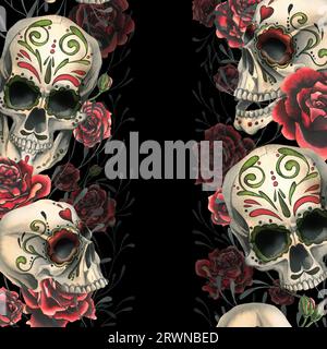 Crânes humains ornés de roses rouges. Illustration aquarelle dessinée à la main pour le jour des morts, halloween, Dia de los muertos. Bordures, modèle Banque D'Images