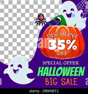 Bannière de vente de vacances Halloween avec araignée, fantômes Kawaii et toile d'araignée. Vector Spooky Halloween Trick ou Treat Night citrouille, toile d'araignée et personnages fantômes volants offre spéciale ou flyer promotionnel de réduction Illustration de Vecteur