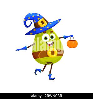 Personnage drôle de fruit de poire Halloween de dessin animé dans le costume de vacances d'astrologue. Vecteur isolé personnage de nourriture chuckling revêt un chapeau étoilé cosmique, portant un seau de citrouille pour les bonbons et les friandises festives Illustration de Vecteur