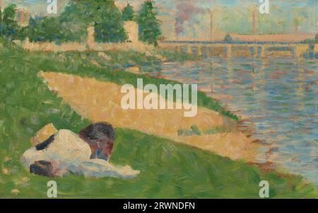 Titre : la Seine avec des vêtements sur la rive (étude pour 'baigneurs à Asnières') artiste : Georges Seurat Date : 1883/1884 support : huile sur bois Dimensions : 17,15 × 26,35 cm (6 3/4 × 10 3/8 po.) Lieu : National Gallery of Art, Washington, D.C. contenu : une étude pour les célèbres baigneurs de peinture de Seurat à Asnières. La peinture représente une vue de la Seine avec des vêtements sur la rive. Les figures sont rendues dans un style pointilliste, en utilisant de petits points de couleur pour créer une image. Le fond est la Seine avec des arbres et des buissons sur la rive opposée. Banque D'Images