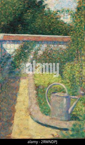 Titre : l'arrosoir - jardin au Raincy artiste : Georges Seurat Date : c. 1883 support : huile sur bois Dimensions : 24,77 × 15,24 cm lieu : National Gallery of Art, Washington, D.C. contenu : une petite peinture d'un jardin au Raincy, domaine familial de Seurat. La peinture est rendue dans un style pointilliste, en utilisant de petits points de couleur pour créer une image. Le foyer de la peinture est un arrosoir assis sur le sol. En arrière-plan sont des arbres, des fleurs et un chemin. Banque D'Images