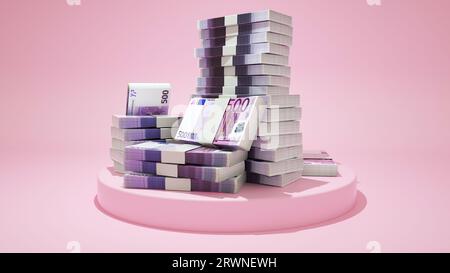 Piles de billets de 500 euros sur le dessus du piédestal. argent sur fond rose. rendu 3d des paquets de trésorerie Banque D'Images