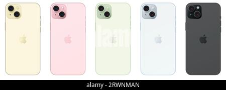 IPhone 15 plus en différentes couleurs : jaune, rose, vert, bleu, noir. Vecteur éditorial isolé sur fond blanc Illustration de Vecteur