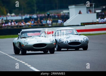 1961 Jaguar E-type « semi-léger » conduite par JoaquinFolch-Rusinol / Pedro de la Rosa, alongside1964 Jaguar E-type léger « lowedrag » conduite par Banque D'Images