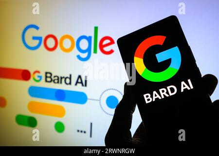 Inde. 20 septembre 2023. Sur cette photo, Bard de Google est affiché sur un smartphone, avec Bard ai visible en arrière-plan. Google a déployé une série de nouvelles fonctionnalités pour Bard, son chatbot basé sur l’IA. Cet outil est conçu par Google pour simuler des conversations humaines en utilisant le traitement du langage naturel et l'apprentissage automatique. (Image de crédit : © Saurabh Sirohiya/ZUMA Press Wire) USAGE ÉDITORIAL SEULEMENT! Non destiné à UN USAGE commercial ! Banque D'Images