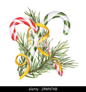 Cannes à sucre rouges et vertes et branche d'épinette avec ruban doré. Bâton de Noël, canne caramel ornée de rayures, sucette de Noël. Plante Evergreen Banque D'Images