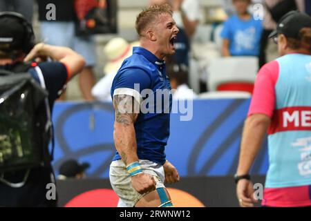 Nice, France. 20 septembre 2023. Cannone célèbre le Try lors du match de coupe du monde de rugby Italie vs Uruguay à Nice, France, septembre 20 2023 crédit : Agence photo indépendante/Alamy Live News Banque D'Images