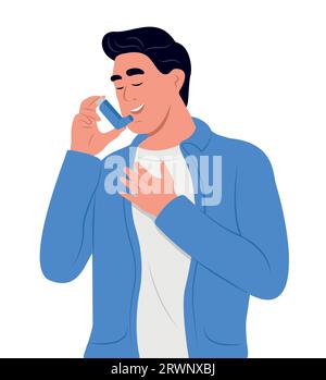 L'homme utilise un inhalateur d'asthme contre la crise. Journée mondiale de l'asthme. Asthme bronchique. Allergie, asthmatique. Médicament inhalé Illustration de Vecteur