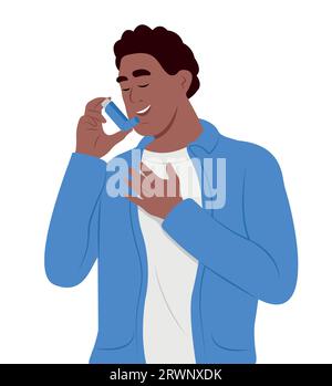 Jeune homme souriant utilise un inhalateur d'asthme contre l'attaque. Journée mondiale de l'asthme. Asthme bronchique. Allergie, asthmatique. Médicament inhalé Illustration de Vecteur