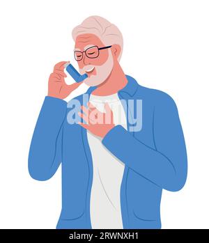 L'homme âgé utilise un inhalateur d'asthme contre la crise. Journée mondiale de l'asthme. Asthme bronchique. Allergie, asthmatique. Médicament inhalé Illustration de Vecteur