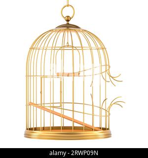 Cage à oiseaux dorée cassée, rendu 3D isolé sur fond blanc Banque D'Images