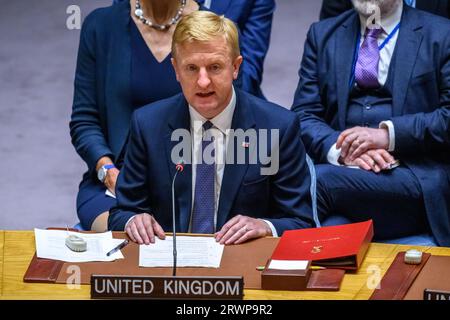 New York, États-Unis. 20 septembre 2023. Oliver Dowden, vice-premier ministre britannique, prend la parole lors d'une session extraordinaire du Conseil de sécurité de l'ONU lors de la 78e Assemblée générale des Nations Unies au siège de l'ONU. Crédit : Enrique Shore/Alamy Live News Banque D'Images