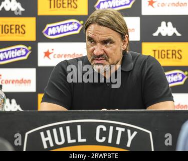 Hull, Royaume-Uni. 20 septembre 2023. Daniel Farke, Manager de Leeds Untied, prend la parole lors de la conférence de presse après le match du championnat Sky Bet Hull City vs Leeds United au MKM Stadium, Hull, Royaume-Uni, le 20 septembre 2023 (photo de Mark Cosgrove/News Images) à Hull, Royaume-Uni le 9/20/2023. (Photo de Mark Cosgrove/News Images/Sipa USA) crédit : SIPA USA/Alamy Live News Banque D'Images