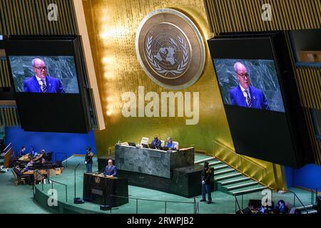 New York, États-Unis. 20 septembre 2023. Le Prince Albert II de Monaco s'adresse à la 78e Assemblée générale des Nations Unies au siège de l'ONU. Crédit : Enrique Shore/Alamy Live News Banque D'Images