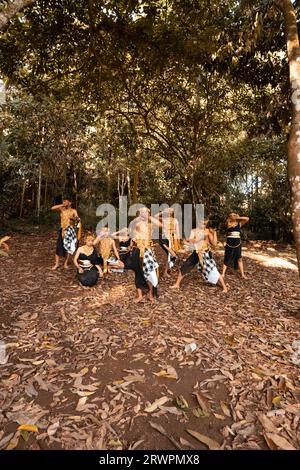 Danse javanaise en costumes dorés tout en portant une pose de maquillage ensemble près des feuilles brunes à l'intérieur de la forêt Banque D'Images