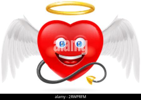 Personnage de coeur rouge avec Golden Nimbus, White Angel Wings et Black Tail. Illustration de style dessin animé mignon. Symbole amour romantique. St Vale Illustration de Vecteur