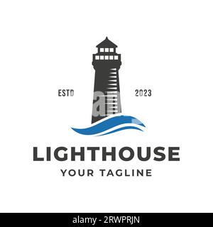 Bâtiment de la tour Lighthouse Marine Navigator logo Design Vector Vintage rétro Ocean Wave symbole Illustration de Vecteur