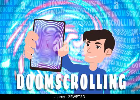 Concept de défilement de Doomscrolling. Homme montrant téléphone portable avec motif géométrique hypnotique sur l'écran sur fond lumineux, illustration Banque D'Images