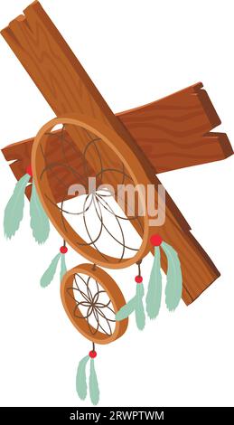 Vecteur isométrique de l'icône du capteur de rêve. Amulette indienne traditionnelle et planche de bois. Dreamcatcher, culture indienne Illustration de Vecteur