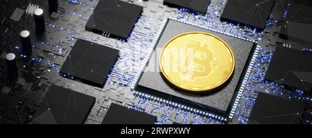 Bitcoin sur un fond lumineux. Bitcoin coin sur fond de technologie. Concept de trading de crypto-monnaie Bitcoin. Extraction de Bitcoin. Rendu 3D. Banque D'Images