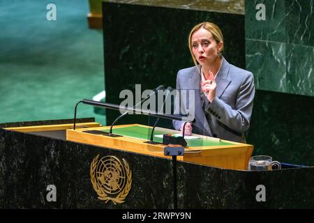 New York, États-Unis. 20 septembre 2023. Le Premier ministre italien Giorgia Meloni s'adresse à la 78e Assemblée générale des Nations Unies au siège de l'ONU. Crédit : Enrique Shore/Alamy Live News Banque D'Images