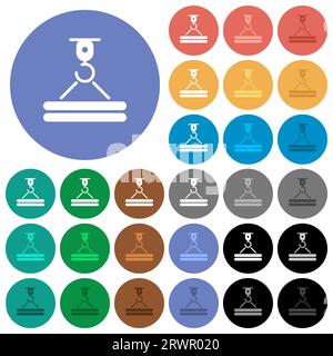 Grue de construction et fret icônes plates multicolores sur des fonds ronds. Inclus des variations d'icônes blanches, claires et sombres pour le hover et les statistiques actives Illustration de Vecteur