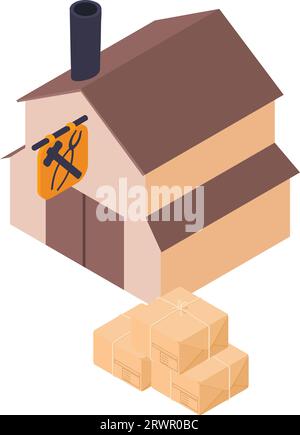Vecteur isométrique d'icône d'atelier de forgeron. Bâtiment de forgeron et colis postal. Forge, métallurgie, industrie lourde Illustration de Vecteur