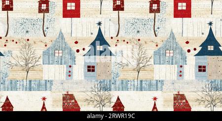 Chalet de noël rustique avec effet de tissu de couture à la main primitive. bordure. Garniture de ruban homespun chic et nostalgique douillet avec americana Banque D'Images