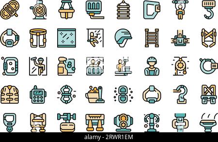 Icônes d'escalade industrielle définir le vecteur de contour. Homme peinture. Ligne mince de corde de travailleur de couleur plate sur blanc isolé Illustration de Vecteur