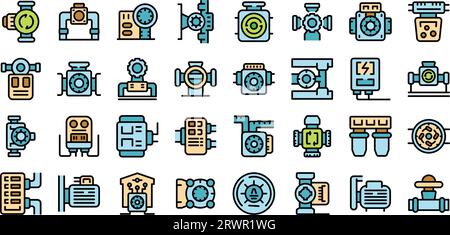 Les icônes de la pompe de circulation d'eau définissent le vecteur de contour. Station de traitement. Réservoir de plante de couleur mince de ligne plate sur blanc isolé Illustration de Vecteur