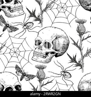 Halloween modèle sans couture noir et blanc avec crâne humain réaliste, toile d'araignée, mites et fleurs. Imprimé gothique dans un style de gravure rétro. Illustration de Vecteur