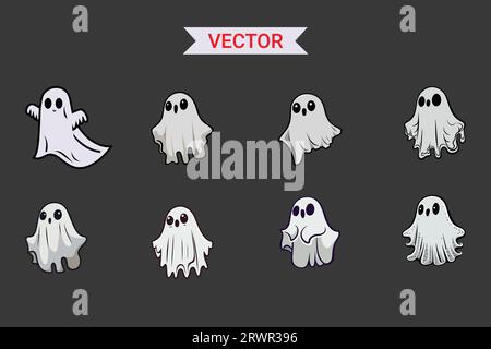 Ensemble de Ghosts en tissu. Monstres fantomatiques effrayants d'Halloween. Dessin animé mignon avec des personnages effrayants. Illustration de Vecteur