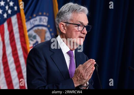 Washington, États-Unis. 20 septembre 2023. Jerome Powell, président de la Réserve fédérale, tient une conférence de presse à Washington, DC, États-Unis, le 20 septembre 2023. Crédit : Aaron Schwartz/Xinhua/Alamy Live News Banque D'Images