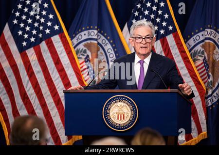 Washington, États-Unis. 20 septembre 2023. Jerome Powell, président de la Réserve fédérale, tient une conférence de presse à Washington, DC, États-Unis, le 20 septembre 2023. Crédit : Aaron Schwartz/Xinhua/Alamy Live News Banque D'Images